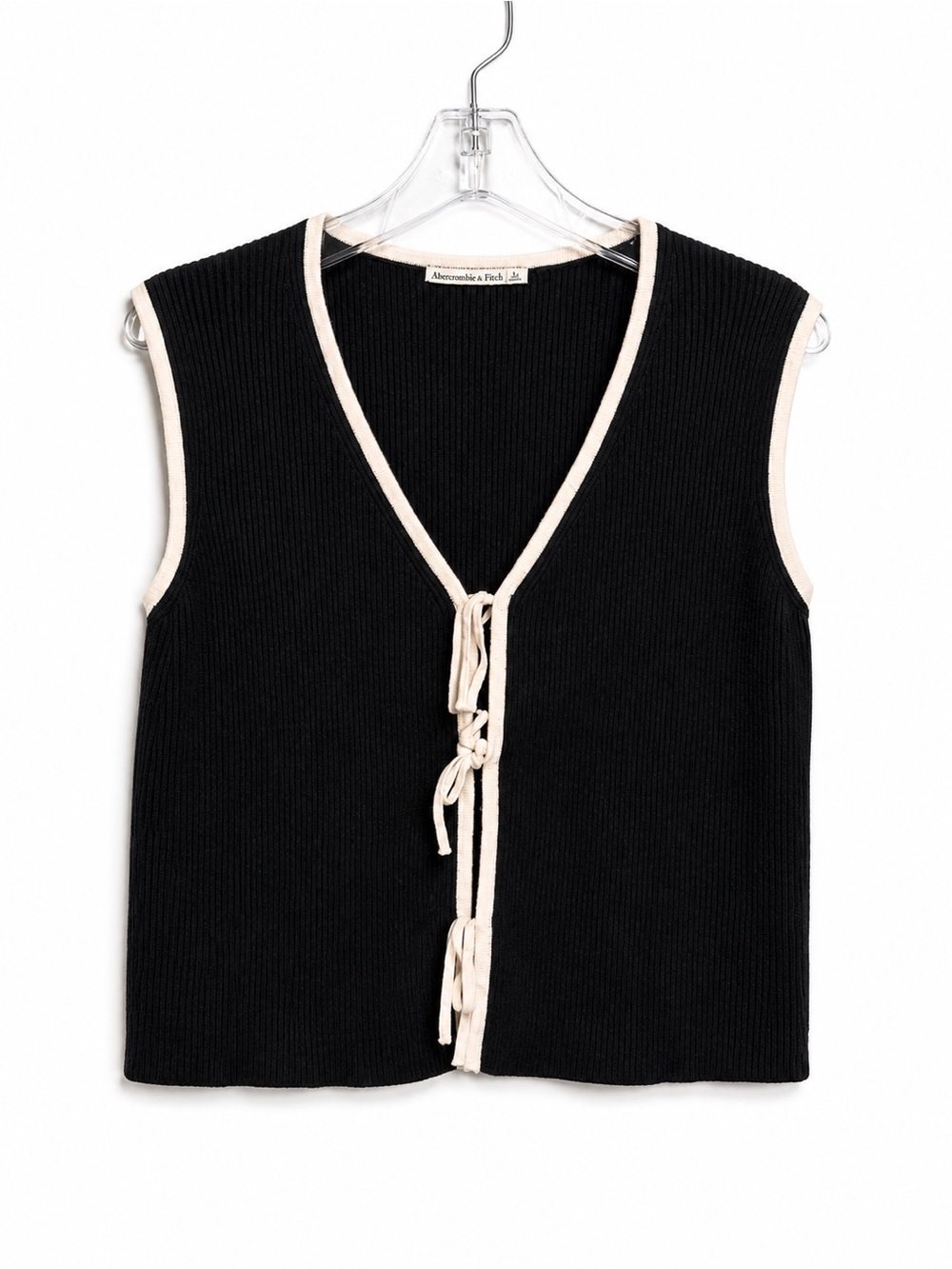 Abercrombie & Fitch Tie Front V-Neck Sweater Vest Black Cream Large